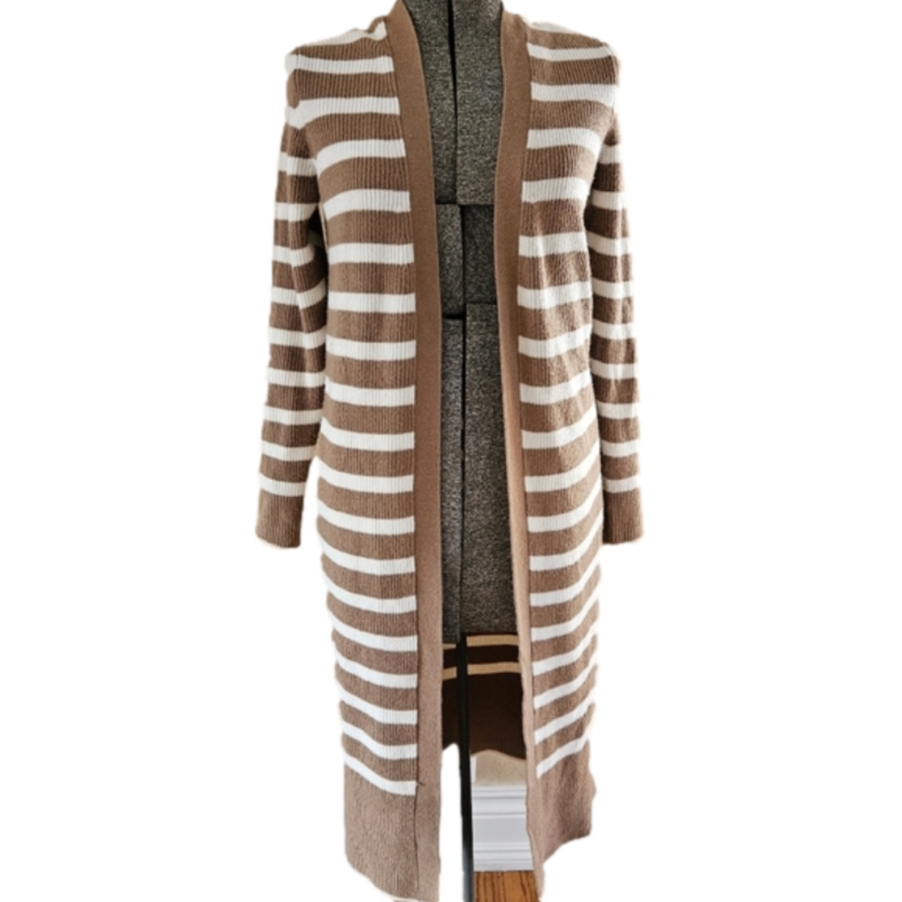 Ann Taylor Brown/White Striped Long Cardigan-Size Small